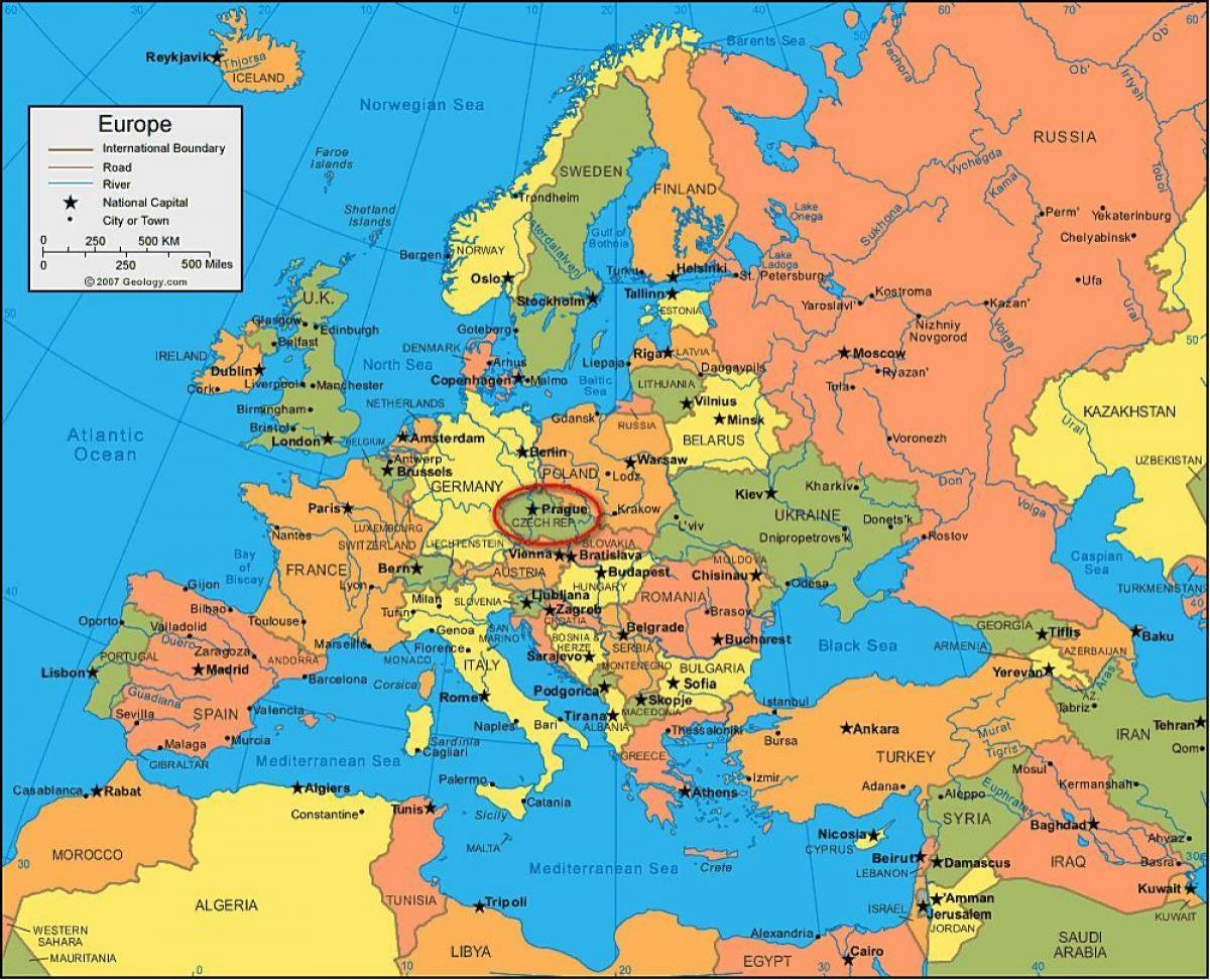 на карте Европы в Праге